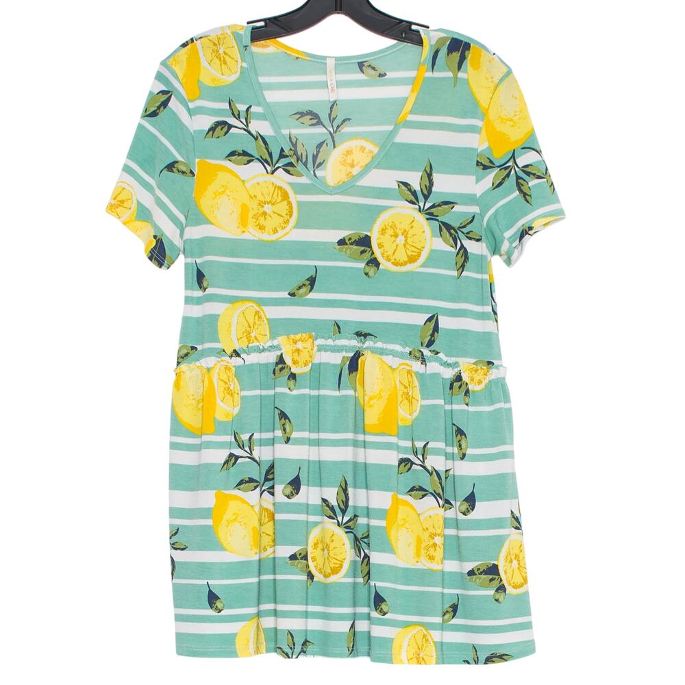 Lemon Print Tunic Top Fruit Summer Beachy Coastal Resort Vacation Casual Medium